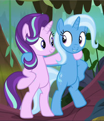 Size: 810x940 | Tagged: safe, imported from derpibooru, screencap, starlight glimmer, trixie, pony, unicorn, road to friendship, bipedal, cropped, duo, female, holding each other, hoof on hip, looking at each other, mare, smiling