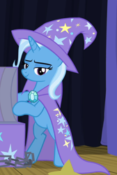 Size: 618x917 | Tagged: safe, imported from derpibooru, screencap, trixie, pony, road to friendship, bipedal, cape, clothes, cropped, female, hat, lidded eyes, mare, smiling, smirk, solo