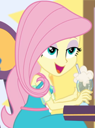 Size: 711x954 | Tagged: safe, imported from derpibooru, screencap, fluttershy, equestria girls, equestria girls series, holidays unwrapped, spoiler:eqg series (season 2), beverage, canterlot mall, chair, clothes, cropped, cute, dashing through the mall, dress, drink, female, flower, geode of fauna, jewelry, lidded eyes, looking up, magical geodes, mall, necklace, shyabetes, sitting, smiling, straw, table, waistband