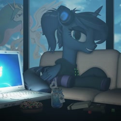 Size: 2000x2000 | Tagged: safe, artist:feuerrader-nmm, imported from derpibooru, princess celestia, princess luna, alicorn, pony, gamer luna, 3d, alternate hairstyle, candy, clothes, computer, donut, female, food, headphones, hoodie, laptop computer, looking at you, mare, ponytail, prone, socks, solo focus, striped socks