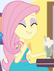 Size: 749x978 | Tagged: safe, imported from derpibooru, screencap, fluttershy, equestria girls, equestria girls series, holidays unwrapped, spoiler:eqg series (season 2), beverage, canterlot, chair, clothes, cropped, cute, dashing through the mall, dress, drink, eyes closed, female, flower, geode of fauna, jewelry, magical geodes, mall, necklace, shyabetes, sitting, smiling, straw, table, waistband