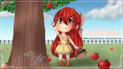 Size: 1024x576 | Tagged: safe, artist:abichobitsmoon, imported from derpibooru, apple bloom, human, adorabloom, apple, apple tree, basket, chibi, clothes, cute, female, food, humanized, solo, tongue out, tree