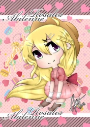 Size: 751x1063 | Tagged: safe, artist:abichobitsmoon, imported from derpibooru, applejack, human, chibi, clothes, female, food, humanized, macaron, solo