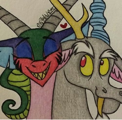 Size: 540x532 | Tagged: safe, artist:raritylover152, idw, imported from derpibooru, cosmos (character), discord, draconequus, spoiler:comic, coscord, cosmos, female, male, shipping, straight, traditional art