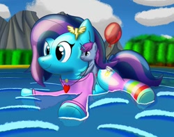 Size: 1006x794 | Tagged: safe, artist:bladedragoon7575, imported from derpibooru, oc, oc only, oc:cirrus updraft, oc:mobian, inflatable pony, pony, balloon, cute, hug, inflatable, lake, ponies riding ponies, pool toy, riding, ych result