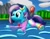 Size: 1006x794 | Tagged: safe, artist:bladedragoon7575, imported from derpibooru, oc, oc only, oc:cirrus updraft, oc:mobian, inflatable pony, pony, balloon, cute, hug, inflatable, lake, ponies riding ponies, pool toy, riding, ych result