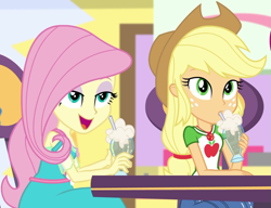 Size: 1405x1080 | Tagged: safe, imported from derpibooru, screencap, applejack, fluttershy, equestria girls, equestria girls series, holidays unwrapped, spoiler:eqg series (season 2), applejack's hat, canterlot mall, cowboy hat, cropped, cute, dashing through the mall, drinking straw, duo, duo female, female, geode of fauna, geode of super speed, hat, ice cream soda, jackabetes, lidded eyes, magical geodes, open mouth, shyabetes, smiling, table