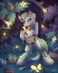 Size: 2000x2500 | Tagged: safe, artist:alexbluebird, imported from derpibooru, oc, oc only, oc:enigma, bee, butterfly, earth pony, insect, pony, adorable face, bipedal, clothes, cuddling, cute, daaaaaaaaaaaw, ear fluff, fluffy, garden, glasses, glow, glowing, hug, male, ocbetes, plant, smiling, solo, space, space station 13, weapons-grade cute