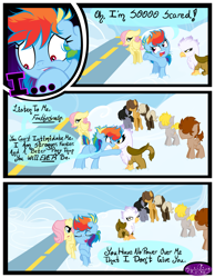 Size: 3500x4500 | Tagged: safe, artist:becauseimpink, imported from derpibooru, dumbbell, fluttershy, gilda, hoops, quarterback, rainbow dash, griffon, pegasus, pony, comic:transition, angry, butterscotch, cloud, colt, comic, dialogue, dumb belle, female, filly, filly fluttershy, filly rainbow dash, guilder, hair over one eye, male, nervous, raised hoof, rule 63, sad, transgender, younger