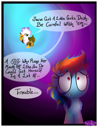 Size: 3500x4500 | Tagged: safe, artist:becauseimpink, imported from derpibooru, gilda, rainbow dash, griffon, pegasus, pony, comic:transition, abstract background, comic, dialogue, female, filly, filly rainbow dash, guilder, rule 63, sad, speech, transgender, younger