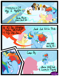 Size: 3500x4500 | Tagged: safe, artist:becauseimpink, imported from derpibooru, dumbbell, fluttershy, gilda, hoops, quarterback, rainbow dash, griffon, pegasus, pony, comic:transition, angry, cloud, colt, comic, dialogue, dumb belle, facehoof, female, filly, filly fluttershy, filly rainbow dash, guilder, hair over one eye, male, messy mane, one eye closed, open mouth, rule 63, transgender, wink, younger