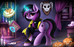 Size: 1024x652 | Tagged: safe, alternate version, artist:hoodiefoxy, imported from derpibooru, oc, oc only, oc:blake light, pony, unicorn, book, bookshelf, clothes, cutie mark, halloween, holiday, indoors, jack-o-lantern, lantern, levitation, magic, pumpkin, raised hoof, solo, spellbook, telekinesis