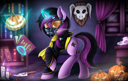 Size: 1024x652 | Tagged: safe, alternate version, artist:hoodiefoxy, imported from derpibooru, oc, oc only, oc:blake light, pony, unicorn, book, bookshelf, clothes, cutie mark, halloween, holiday, indoors, jack-o-lantern, lantern, levitation, magic, mask, pumpkin, raised hoof, solo, spellbook, telekinesis