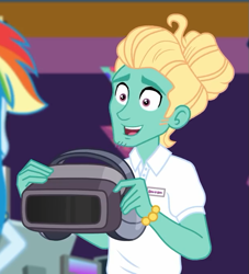 Size: 613x676 | Tagged: safe, imported from derpibooru, screencap, rainbow dash, zephyr breeze, equestria girls, equestria girls series, holidays unwrapped, spoiler:eqg series (season 2), cropped, dashing through the mall, male, offscreen character, vr headset