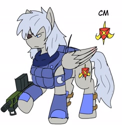 Size: 1997x2048 | Tagged: safe, artist:omegapony16, imported from derpibooru, oc, oc only, oc:oriponi, pegasus, pony, armor, clothes, eyepatch, gun, hoof hold, male, pegasus oc, raised hoof, simple background, soldier, solo, stallion, vest, weapon, white background, wings