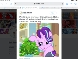 Size: 2048x1536 | Tagged: safe, imported from derpibooru, screencap, phyllis, starlight glimmer, pony, unicorn, derpibooru, a horse shoe-in, season 9, baby talk, blog, browser, cabinet, cartoon, chair, concerned, cooing, cute, dated, desk, female, glass, good end, guidance counselor, kelly sheridan, lidded eyes, mare, meta, microphone, microphone stand, motherly, motherly love, october, open mouth, plant, potted plant, response, rock, scroll, shelves, starlight's office, talking, text, time, twitter, updated, voice actor, yandex