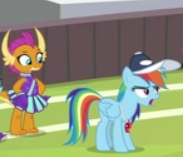 Size: 183x157 | Tagged: safe, imported from derpibooru, screencap, rainbow dash, smolder, dragon, pegasus, pony, 2 4 6 greaaat, annoyed, cap, coach rainbow dash, cropped, eyes on the prize, female, hand on hip, hands on hip, hat, mare, picture for breezies