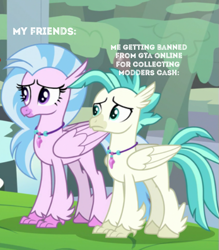 Size: 449x512 | Tagged: safe, edit, edited screencap, imported from derpibooru, screencap, silverstream, terramar, hippogriff, pony, student counsel, caption, cropped, gta online, meme, this will end in tears