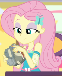 Size: 627x768 | Tagged: safe, imported from derpibooru, screencap, fluttershy, equestria girls, equestria girls series, holidays unwrapped, spoiler:eqg series (season 2), bad gift wrapping, burger, canterlot mall, chair, clothes, cropped, cute, dashing through the mall, dress, eyeshadow, female, flower, fluttershy boho dress, food, geode of fauna, gift giving, gift wrapped, hairclip, jewelry, lidded eyes, looking down, magical geodes, makeup, mall, necklace, present, shyabetes, sitting, smiling, stamp, table, waistband