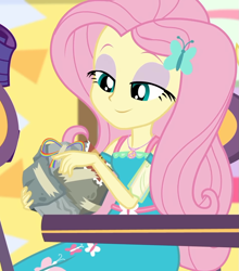 Size: 949x1080 | Tagged: safe, imported from derpibooru, screencap, fluttershy, equestria girls, equestria girls series, holidays unwrapped, spoiler:eqg series (season 2), bad gift wrapping, burger, canterlot mall, chair, clothes, cropped, cute, dashing through the mall, dress, female, flower, fluttershy boho dress, food, geode of fauna, gift giving, gift wrapped, hairclip, jewelry, magical geodes, mall, necklace, present, shyabetes, sitting, stamp, table, waistband