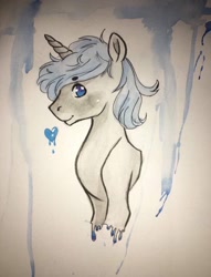 Size: 1477x1936 | Tagged: safe, imported from derpibooru, oc, oc only, oc:frozen love, pony, unicorn, blue, blue eyes, happy, head, heart, melting, photo, rule 63, smiling, smiling at you, solo, traditional art, watercolor painting