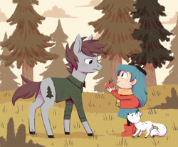 Size: 1280x1054 | Tagged: safe, artist:djkaskan, imported from derpibooru, oc, oc only, oc:kova, deer, earth pony, fox, human, hybrid, pony, apple, beret, clothes, colored hooves, crossover, deer fox, female, food, forest, hat, hilda, hilda (netflix), male, scarf, shirt, stallion, sweater, tree, trio, twig (hilda)