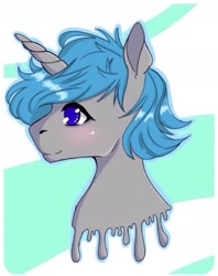 Size: 1548x1954 | Tagged: safe, imported from derpibooru, oc, oc only, oc:frozen love, pony, unicorn, blue, blue eyes, blushing, digital art, happy, head, looking away, male, melting, rule 63, smiling, solo, stallion