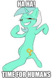 Size: 402x568 | Tagged: safe, anonymous artist, imported from derpibooru, lyra heartstrings, pony, /mlp/, 4chan, caption, colored, drawthread, female, funny, grin, humie, image macro, meme, no tail, ponified meme, simple background, smiling, solo, subverted meme, text, that pony sure does love humans, upright