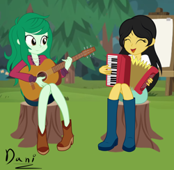 Size: 2284x2232 | Tagged: safe, artist:danielitamlp, imported from derpibooru, wallflower blush, oc, oc:dany melody, equestria girls, tree stump