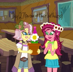 Size: 901x887 | Tagged: safe, artist:ktd1993, imported from derpibooru, daisy, flower wishes, gloriosa daisy, vignette valencia, equestria girls, 27, 30 day otp challenge, birthday, daisy (flower), female, flower, gloriette, lesbian, shipping