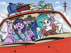 Size: 1189x892 | Tagged: safe, artist:lightly-san, imported from derpibooru, princess celestia, princess luna, twilight sparkle, alicorn, anthro, air freshener, car, coke, drink, driving, eurobeat, female, floppy ears, inner tube, jesus bar, luggage, open mouth, pepsi, scared, seatbelt, sketch, soda, swanlestia, this will end in property damage, twilight sparkle (alicorn), vacation