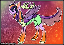 Size: 1024x727 | Tagged: safe, artist:thebigearredbat, imported from derpibooru, oc, oc only, changedling, changeling, changepony, hybrid, colorful background, female, hybrid wings, interspecies offspring, offspring, parent:thorax, parent:twilight sparkle, parents:twirax, solo, wings