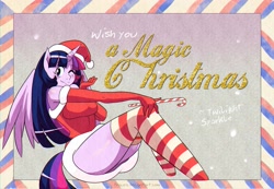 Size: 3109x2147 | Tagged: safe, artist:traupa, imported from derpibooru, twilight sparkle, anthro, big breasts, breasts, busty twilight sparkle, christmas, clothes, costume, evening gloves, female, food, gloves, hat, holiday, long gloves, one eye closed, postcard, santa costume, santa hat, solo, stockings, sugar cane, thigh highs, wink
