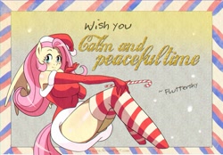 Size: 3109x2158 | Tagged: safe, artist:traupa, imported from derpibooru, fluttershy, anthro, adorasexy, big breasts, blushing, breasts, busty fluttershy, christmas, clothes, costume, cute, evening gloves, female, food, gloves, hat, holiday, long gloves, postcard, santa costume, santa hat, schrödinger's pantsu, sexy, shyabetes, solo, stockings, sugar cane, thigh highs