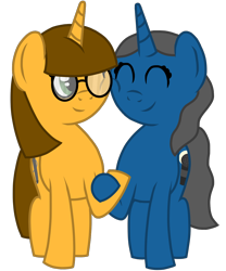 Size: 1000x1200 | Tagged: safe, artist:colorcodetheartist, imported from derpibooru, oc, oc only, oc:color code, oc:midnight melody, pony, unicorn, 2020 community collab, derpibooru community collaboration, female, glasses, holding hooves, lesbian, oc x oc, ponysona, shipping, smiling, squishy cheeks, transparent background