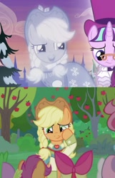 Size: 1000x1557 | Tagged: safe, edit, edited screencap, imported from derpibooru, screencap, apple bloom, applejack, scootaloo, scott green, snowfall frost, spirit of hearth's warming past, starlight glimmer, sweetie belle, earth pony, ghost, ghost pony, pegasus, pony, unicorn, a hearth's warming tail, the big mac question, apple, apple bloom's bow, apple tree, bow, comparison, cropped, crying, cutie mark crusaders, duckery in the description, hair bow, hat, open mouth, reuse, sad, slowpoke, sweet apple acres, tears of joy, top hat, tree, wiping tears