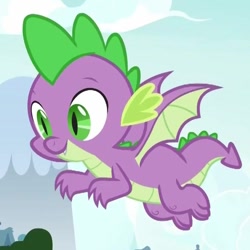 Size: 715x715 | Tagged: safe, imported from derpibooru, screencap, spike, dragon, father knows beast, cropped, cute, flying, male, smiling, solo, spikabetes, winged spike, wings