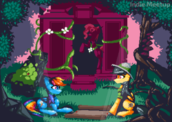 Size: 1680x1188 | Tagged: safe, artist:dasty-g, imported from derpibooru, daring do, rainbow dash, insect, ladybug, pony, clothes, grass, jojo's bizarre adventure, pixel art, sitting, tree, vine