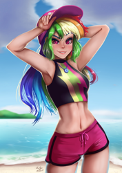 Size: 706x1000 | Tagged: safe, artist:the-park, imported from derpibooru, rainbow dash, human, equestria girls, adorasexy, armpits, beach, beach babe, belly button, bikini, board shorts, cap, clothes, cloud, cute, dashabetes, female, geode of super speed, hat, human coloration, looking at you, magical geodes, midriff, ocean, rainbow dash's beach shorts swimsuit, sexy, shorts, sky, smiling, solo, swimsuit, tankini