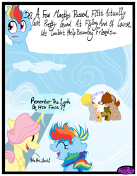 Size: 3500x4500 | Tagged: safe, artist:becauseimpink, imported from derpibooru, fluttershy, gilda, rainbow dash, griffon, pegasus, pony, comic:transition, butterscotch, cloud, colt, comic, dialogue, eyes closed, female, filly, filly fluttershy, filly rainbow dash, frown, guilder, male, open mouth, rainbow blitz, rule 63, smiling, transgender, younger