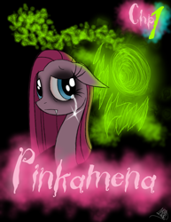 Size: 888x1150 | Tagged: safe, artist:didun850, imported from derpibooru, pinkie pie, earth pony, pony, shadow pony, comic:my little enenra friendship is insane, bags under eyes, crying, female, glowing eyes, mare, pinkamena diane pie, sad, sombra eyes