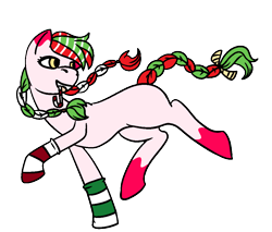 Size: 1000x853 | Tagged: safe, artist:dragonflyfire8, artist:ponebox, imported from derpibooru, oc, oc only, earth pony, pony, braid, candy, candy cane, clothes, coat markings, collaboration, earth pony oc, food, grin, looking back, mouth hold, simple background, smiling, socks, socks (coat marking), socks (coat markings), solo, transparent background