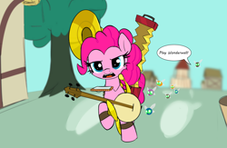 Size: 3892x2544 | Tagged: safe, artist:wenni, imported from derpibooru, earth pony, parasprite, pony, series:pony re-watch, swarm of the century, accordion, anyways here's wonderwall, banjo, cymbals, dialogue, female, harmonica, heckling, mare, musical instrument, one man band, one-pony band, open mouth, ponyville, scene interpretation, solo focus, sousaphone, tambourine, wonderwall