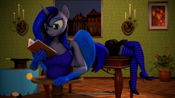 Size: 1920x1080 | Tagged: safe, artist:nightblood, imported from derpibooru, oc, oc only, oc:nightblood eclipse, alicorn, anthro, plantigrade anthro, 3d, book, candle, clothes, crosscut saw, female, half, hat, high heels, magic trick, magic wand, modular, plant, saw, shoes, socks, solo, source filmmaker, striped socks