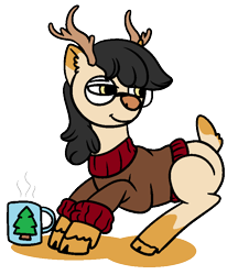 Size: 702x812 | Tagged: safe, artist:dragonflyfire8, artist:ponebox, imported from derpibooru, oc, oc only, deer, deer pony, original species, antlers, clothes, cloven hooves, collaboration, glasses, mug, reindeer antlers, simple background, solo, transparent background, unshorn fetlocks