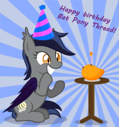 Size: 935x1000 | Tagged: safe, artist:vito, deleted from derpibooru, imported from derpibooru, oc, oc only, oc:echo, bat pony, pony, animated, bat pony oc, candle, clapping, food, gif, grin, happy birthday, hat, mango, party hat, smiling, solo, sunburst background