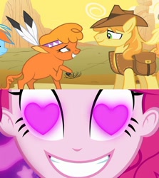 Size: 844x947 | Tagged: safe, artist:themexicanpunisher, edit, edited screencap, imported from derpibooru, screencap, applejack, braeburn, little strongheart, pinkie pie, rainbow dash, buffalo, coinky-dink world, eqg summertime shorts, equestria girls, over a barrel, braeheart, female, heart eyes, male, meme, pinkie's eyes, shipping, straight, wingding eyes