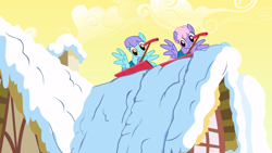 Size: 2880x1619 | Tagged: safe, imported from derpibooru, screencap, rainbowshine, snowslide, pegasus, pony, season 1, winter wrap up, background pony, duo, female, mare, mouth hold, roof, shovel, snow, snow shovel, spread wings, weather team, wings, winter wrap up vest