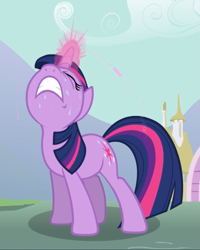 Size: 751x938 | Tagged: safe, imported from derpibooru, screencap, twilight sparkle, pony, unicorn, magic duel, cropped, female, glowing horn, horn, invisible stallion, mare, nose in the air, solo, struggling, sweat, teeth, unicorn twilight