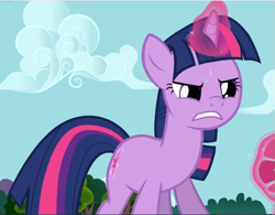 Size: 1207x942 | Tagged: safe, imported from derpibooru, screencap, twilight sparkle, pony, unicorn, magic duel, cropped, female, glowing horn, gritted teeth, horn, mare, solo, struggling, sweat, unicorn twilight